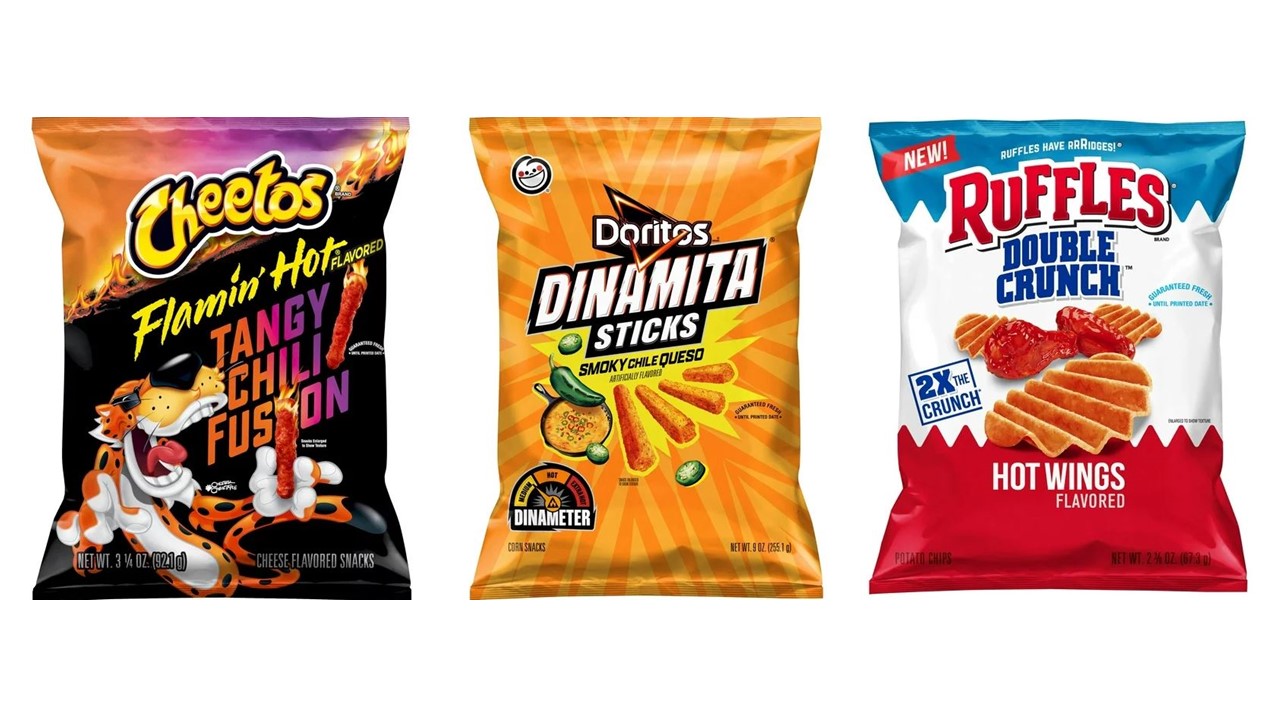 Spicy Snack Roundup: Cheetos Flamin’ Hot Tangy Chili Fusion, Smokey Chili Queso Dinamita Sticks, and Ruffles Double Crunch Hot Wings Chips